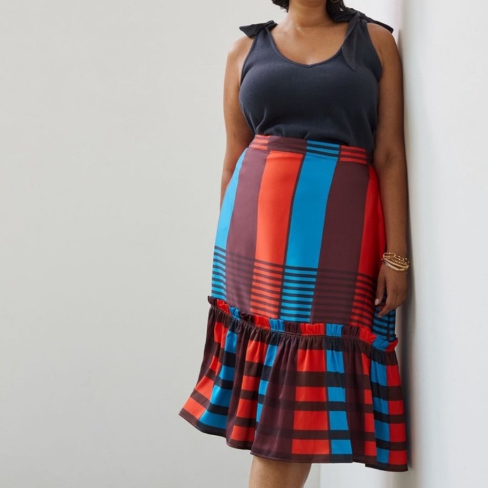 Anthropologie Eva Franco Flounced Midi Skirt plaid satin ruffle 8 NWT - Picture 7 of 7